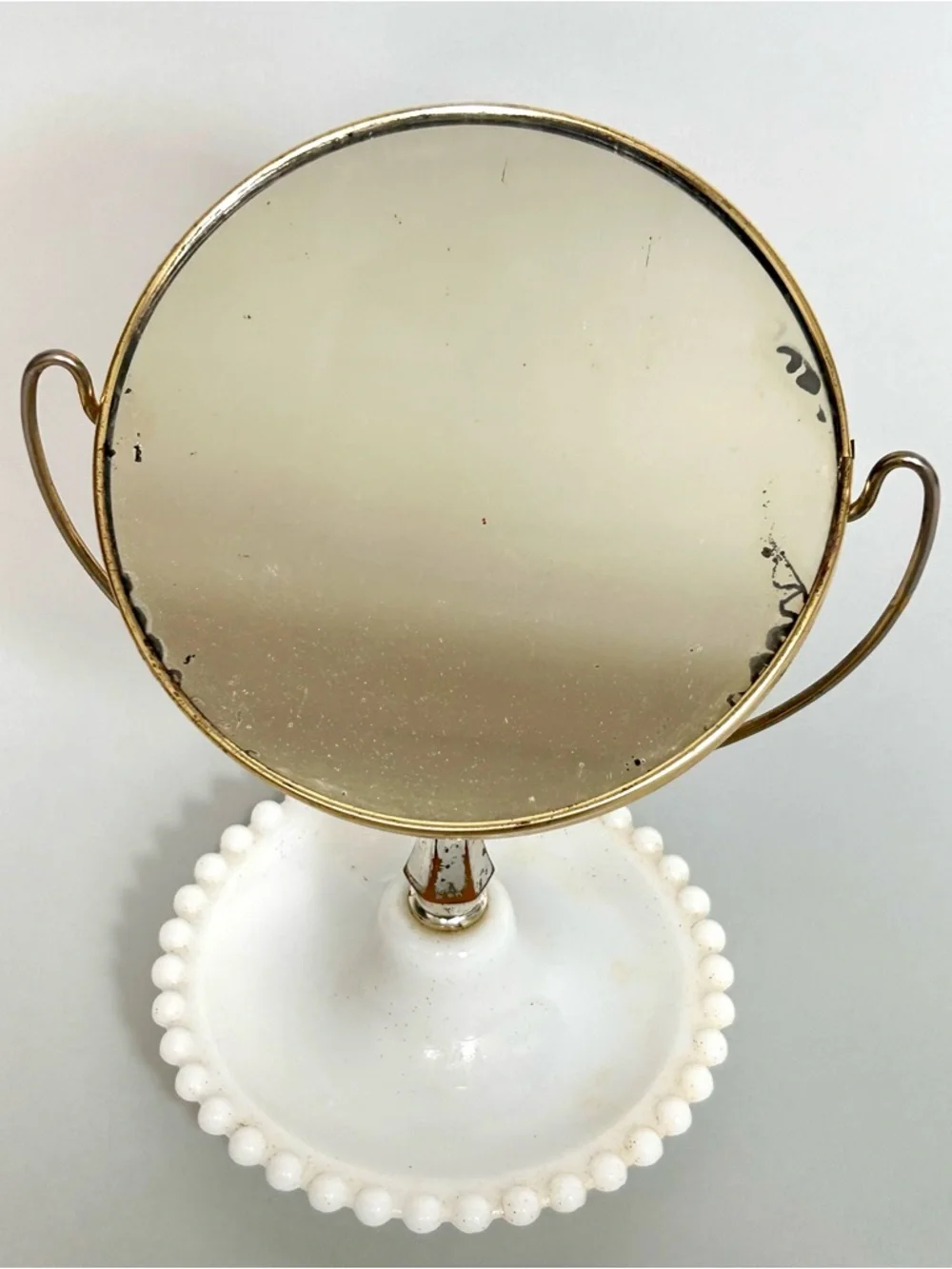 Vintage White Milk Glass Beaded Vanity Mirror with Gold Frame 1930’s